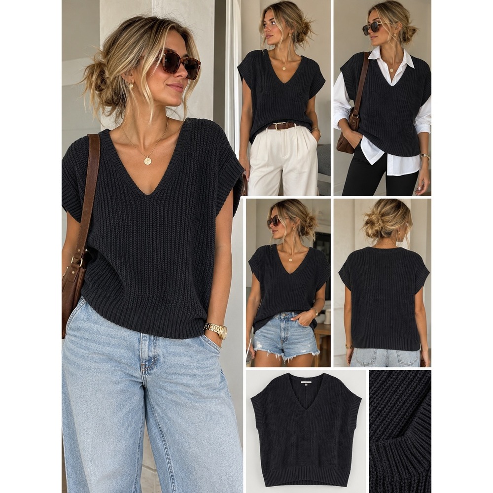 Loft Black V-Neck Shaker Knit Oversized Sweater Vest XL Sleeveless Top